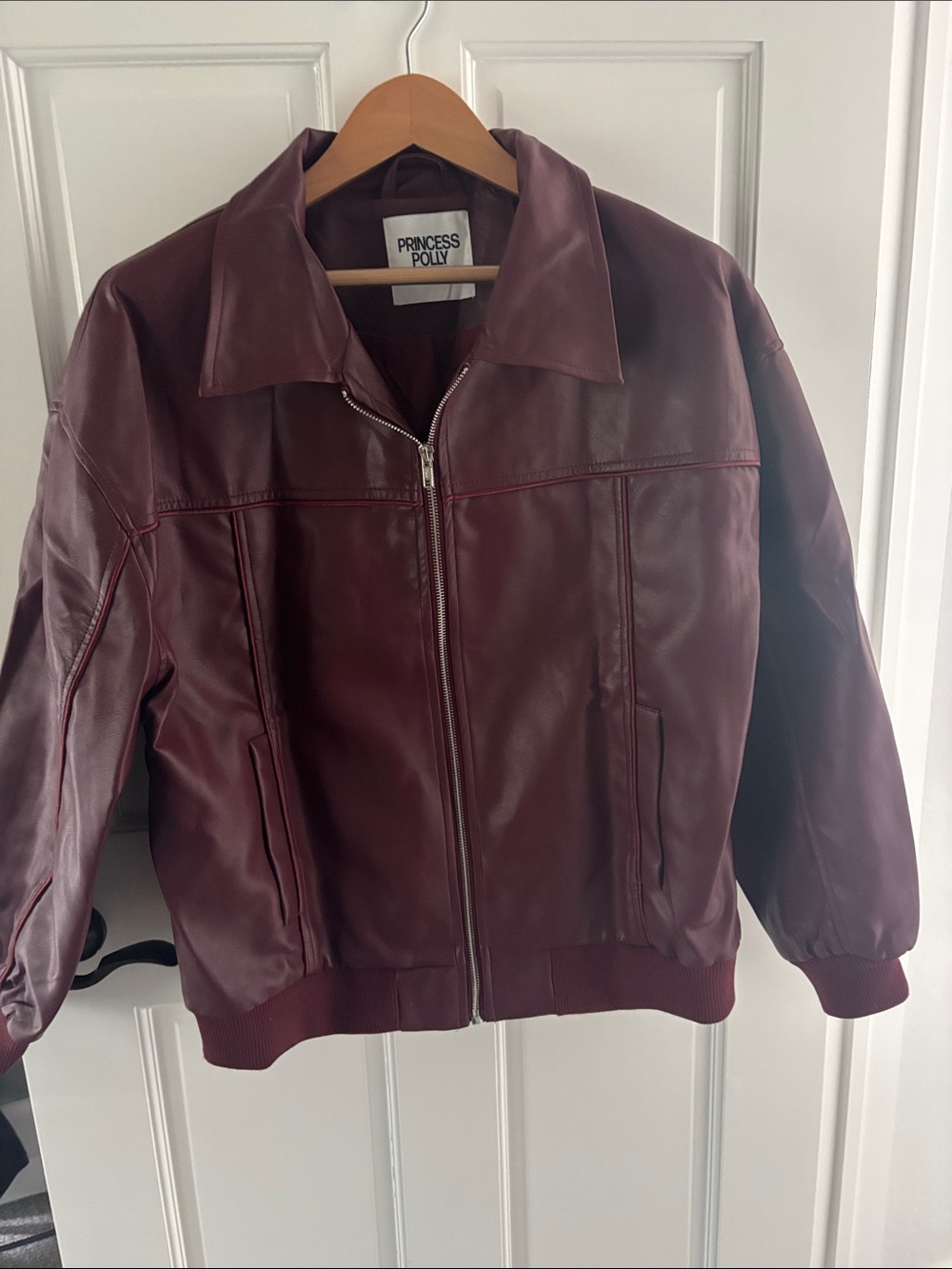 Princess Polly Men's Faux Leather Bomber Jacket - Wine